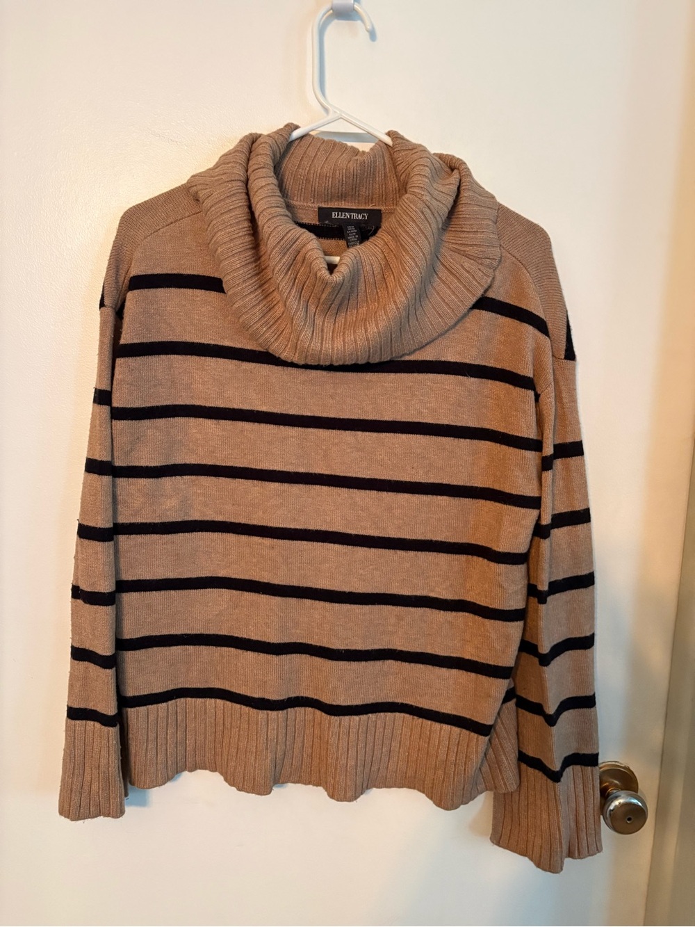 Ellen Tracy Taupe Striped Cowl Neck Sweater